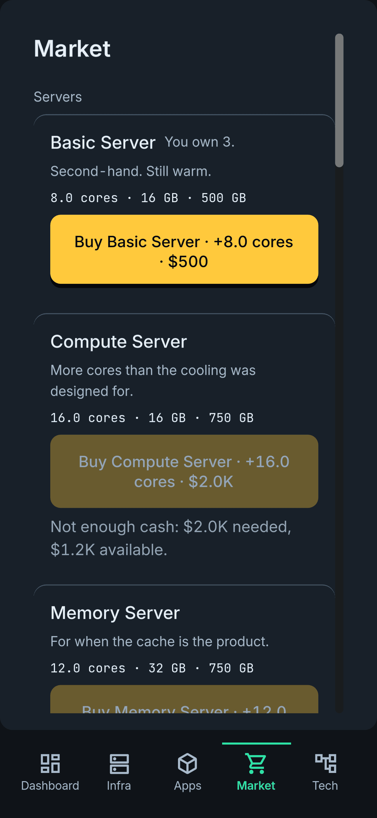 The Market screen, showing what each purchase changes before you buy it.